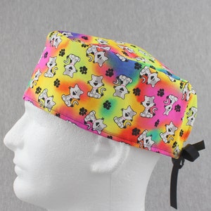 Colorful cats ribbon tieback scrub hat, surgical hat, chefs hat, head cover cap with options for Terry Cloth Sweatband and/or Buttons
