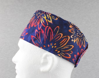 Batik Flowers Hook&Loop surgical hat, scrub hat, chefs hat, head cover cap with options for Terry Cloth Sweatband and/or Buttons