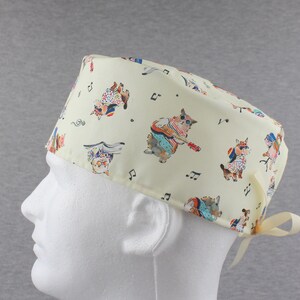 Cat Band  ribbon tieback scrub hat, surgical hat, chefs hat, head cover cap with Terry Cloth Sweatband and/or Buttons Options