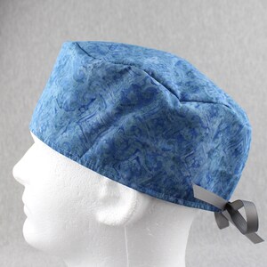 Blue ribbon tieback scrub hat, surgical hat, chefs hat, head cover cap with options for Terry Cloth Sweatband and/or Buttons