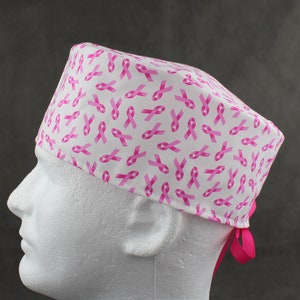 Pink ribbon awareness tieback scrub hat, surgical hat, chefs hat, head cover cap with options for Terry Cloth Sweatband and/or Buttons