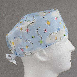 Kites ribbon tieback scrub hat, surgical hat, chefs hat, head cover cap with  options for Terry Cloth Sweatband and/or Buttons