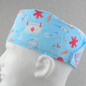 Medical nurse symbols Hook&Loop surgical hat, scrub hat, chefs hat, head cover cap with options for Terry Cloth Sweatband and/or Buttons