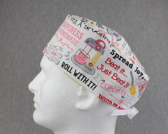 Kitchen Fun Phrases tieback scrub hat, surgical hat, chefs hat, head cover cap with options for Terry Cloth Sweatband and/or Buttons