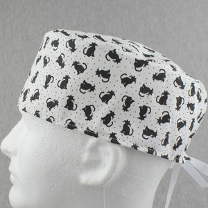 Black cats ribbon tieback scrub hat, surgical hat, chefs hat, head cover cap with options for Terry Cloth Sweatband and/or Buttons