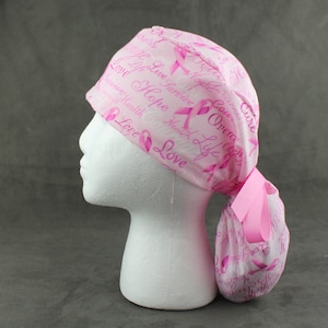 Encouragement Ribbon Ponytail Scrub Hat, Surgical Scrub Cap, Chefs Hat, Headgear for Longer Hair with Sweatband and/or Buttons Options