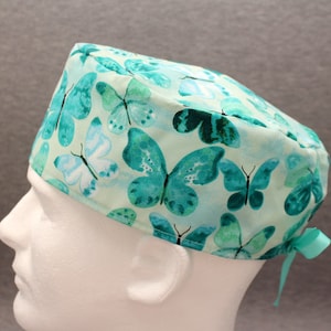 Teal butterflies ribbon tieback scrub hat, surgical hat, chefs hat, head cover cap with Terry Cloth Sweatband and/or Buttons Options