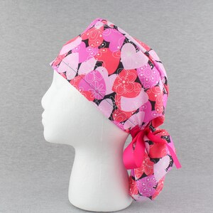 Valentines Day Hearts Ponytail Scrub Hat, Surgical Scrub Cap, Chefs Hat, Headgear for Longer Hair with Sweatband and/or Buttons Options