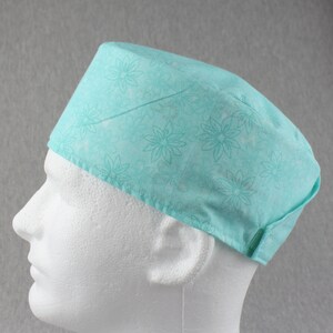 Teal green flowers Hook&Loop surgical hat, scrub hat, chefs hat, head cover cap with  options for Terry Cloth Sweatband and/or Buttons