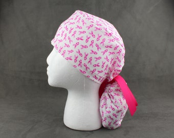 Cancer ribbon awareness Ponytail Scrub Hat, Surgical Scrub Cap, Chefs Hat, Headgear for Longer Hair with Sweatband and/or Buttons Options