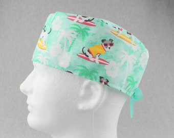 Surf dogs tieback scrub hat, surgical hat, chefs hat, head cover cap with options for Terry Cloth Sweatband and/or Buttons