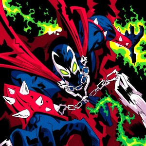 Puede incluir: Una ilustración de cómic de un superhéroe con una capa roja, un traje azul y negro y una cadena. El superhéroe tiene ojos verdes brillantes y está rodeado de llamas verdes.