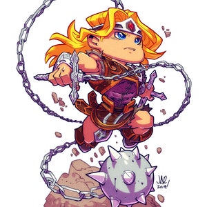 May include: A cartoon illustration of a warrior with blonde hair wearing a purple and brown outfit, holding a chain with a spiked ball attached. The warrior is wearing a crown with a red jewel. The background is white.