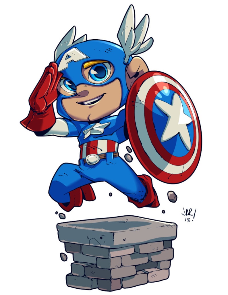 May include: A cartoon illustration of Captain America in a red, white, and blue costume, saluting with his right hand and holding his shield in his left hand. He is jumping off a brick chimney.