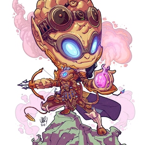 May include: A cartoon illustration of a small, humanoid creature with brown skin, wearing goggles and holding a bow and arrow. The creature is standing on a rock with pink smoke behind it.