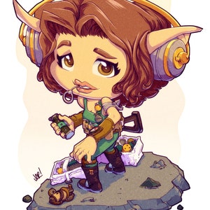 May include: A cartoon illustration of a female character with brown hair, wearing a green jumpsuit, headphones, and holding a small green canister. She is standing on a gray rock with a small snail on the side. The text "Whe!" is written on the rock.