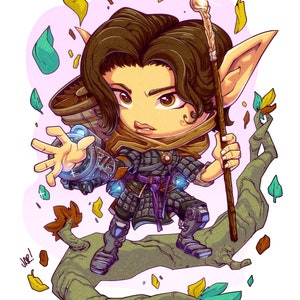 May include: A cartoon illustration of a female elf character with brown hair and pointed ears, wearing a dark brown and purple outfit with a silver and blue mechanical arm. She is holding a wooden staff with a pearl at the top and standing on a tree branch with leaves falling around her. The text "War!" is written in the lower left corner of the image.