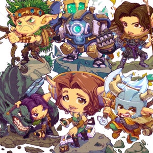 May include: A colorful illustration of a group of fantasy characters. A green elf with a bow and arrow, a blue robot with a large fist, a brown-haired woman with a sword, a purple-haired woman with a sword, a wolf-like creature, and a blue-helmeted warrior with an axe.