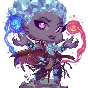 May include: A digital illustration of a fantasy character with a crystal-like head and body accents. The character has purple skin, a brown cloak, and is holding blue and red energy orbs. The artwork is on a white background and signed "JAE 2019."