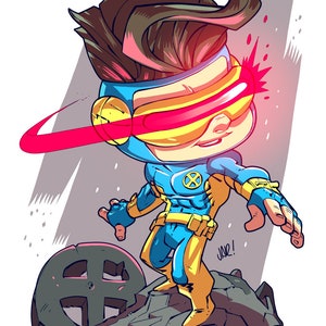 May include: A cartoon illustration of a superhero with blue and yellow clothing, red and yellow goggles, and brown hair. The superhero is standing on a rock with a gray circular object in the background. The superhero's eyes are glowing red.