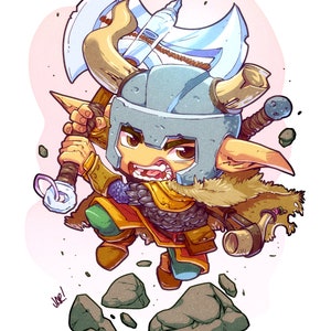 May include: A cartoon illustration of a small, green-skinned warrior with large ears, wearing a horned helmet and chainmail armor. The warrior is holding a large axe and is surrounded by rocks.