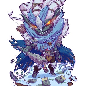 May include: A blue and white chibi character with a fierce expression, holding a spiked club and wearing a tattered cloak. The character is standing on a snowy ground with several small boxes.