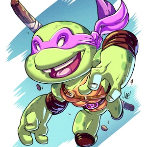 May include: A cartoon illustration of a green turtle with a purple mask and bandana, wearing a brown belt with a gold buckle. The turtle is in mid-air, with its arms outstretched and a stick in the background. The text "Jae!" is written in the bottom right corner of the image.