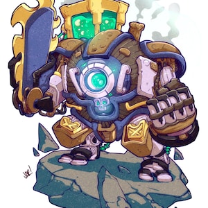 May include: A cartoon illustration of a robot with a large, round body, gold accents, and a green glowing eye. The robot is holding a large, gold-colored sword in its left hand and a large, gold-colored fist in its right hand. The robot is standing on a rocky surface.