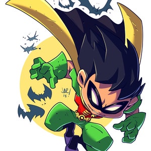 May include: A cartoon illustration of Robin, a superhero from the DC Comics universe. He is wearing a red, yellow, and green costume with a black cape and a mask. He is flying through the air with bats flying around him. The image is in a comic book style.