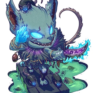 May include: A blue and green cartoon creature with glowing eyes and a sharp blade. The creature is surrounded by three small rats and is standing on a stone platform over a green swamp.