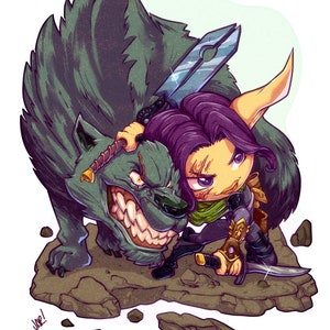 May include: A purple-haired, green-skinned elf-like creature with a sword, fighting off a snarling green wolf. The elf is wearing a green scarf and brown boots. The wolf has sharp teeth and claws. The scene is set on a rocky surface.
