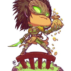 May include: A green and brown cartoon character with spiky hair stands on a wooden platform. The character is holding a bag of gold coins and a green sword. The character is wearing a green and brown outfit with a mask over their eyes.
