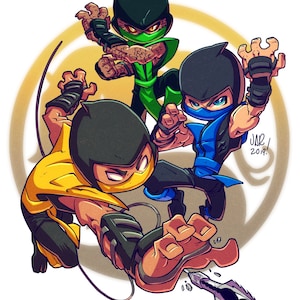 May include: Three cartoon ninjas in fighting poses. The ninja on the left is wearing a yellow and black outfit, the ninja in the center is wearing a green and black outfit, and the ninja on the right is wearing a blue and black outfit. The ninjas are standing in front of a gold circle with a black dragon symbol.