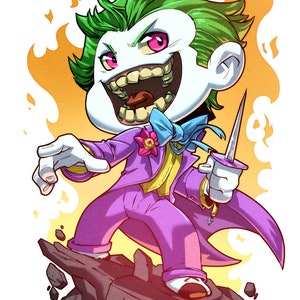 May include: A cartoon illustration of the Joker, a supervillain from Batman comics, with green hair, a purple suit, a yellow shirt, a blue bow tie, and a pink flower. He is holding a knife and has a wide, toothy grin. The background is a yellow and orange flame.