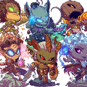 May include: A colorful illustration of eight fantasy creatures with different features and expressions. The creatures are drawn in a cartoon style and have large eyes and exaggerated features. The illustration is set against a white background.