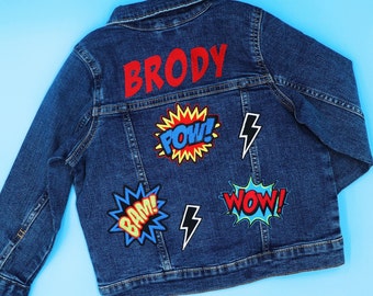 Personalized Superhero Inspired Toddler Boys Denim Jacket | Superhero Birthday Gift | Comic Expression Jean Jacket | Baby Boys Custom Jacket