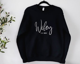 Wifey Black Sweatshirt | Personalized Bride Fleece Crew | Bridal Shower Gift | Clothing Gifts for the Bride | Engagement Gifts