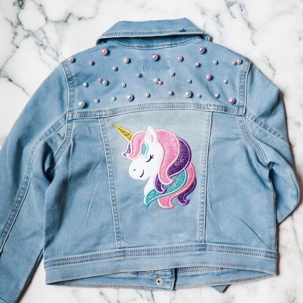 Unicorn Pearl Girls Denim Jacket | Pink Purple Glitter Sparkle Jean Jacket | Toddler Jean Jacket with Pearls | Unique Little Girl Clothes