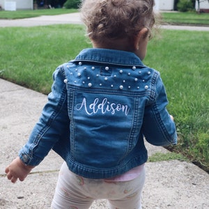 Embroidered Flower Girl Denim Jacket Customizable Pearl Jean Jacket Personalized Flower Girl Gift Custom Girls Clothes Birthday Gift image 2