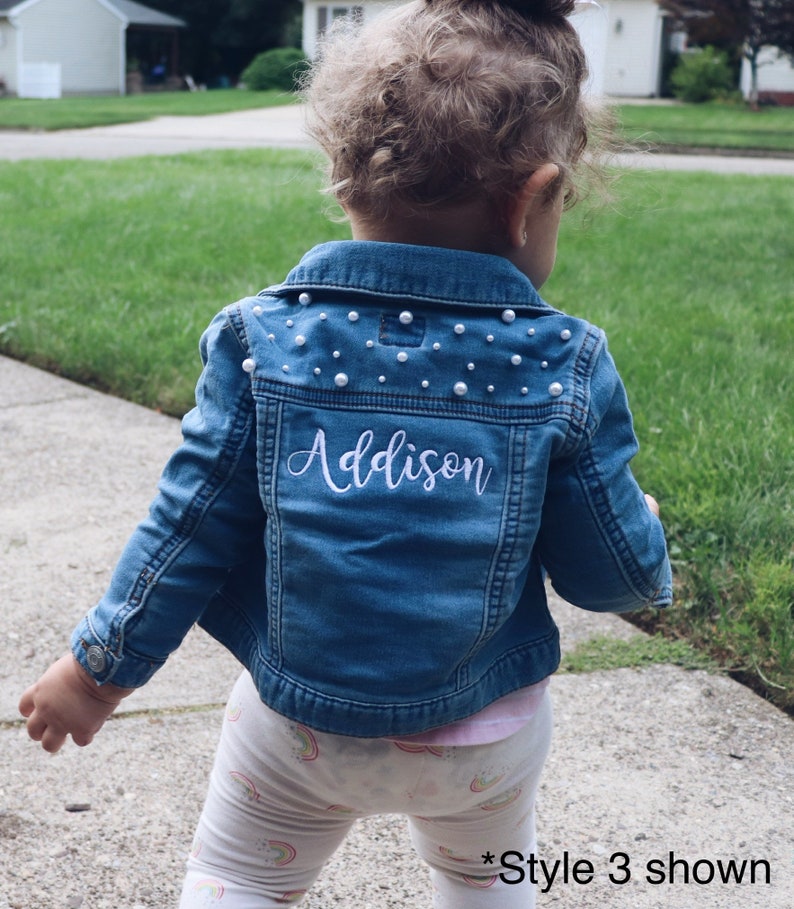 Embroidered Flower Girl Denim Jacket Customizable Pearl Jean Jacket Personalized Flower Girl Gift Custom Girls Clothes Birthday Gift image 2