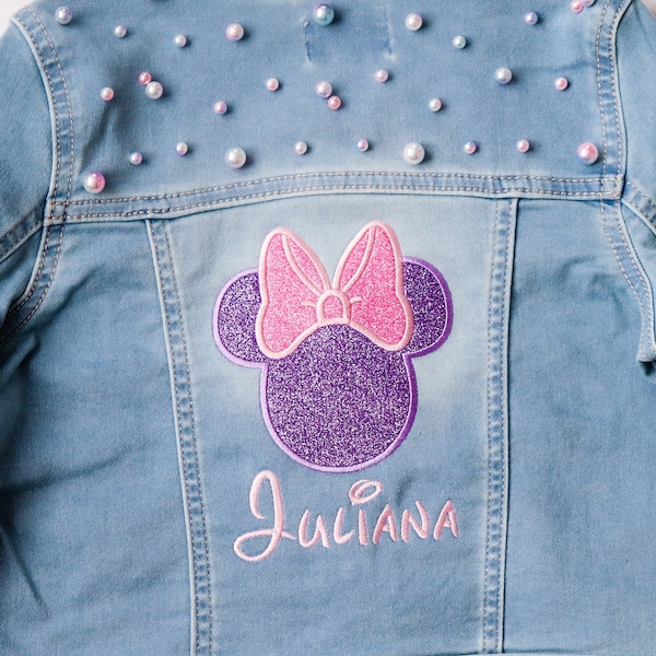 Minnie Pearl Girls Denim Jacket | Pink Purple Glitter Sparkle Jean Jacket | Toddler Jean Jacket with Pearls | Unique Little Girl Clothes