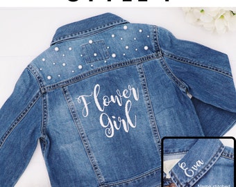 Embroidered Flower Girl Denim Jacket | Customizable Pearl Jean Jacket | Personalized Flower Girl Gift | Custom Girls Clothes | Birthday Gift