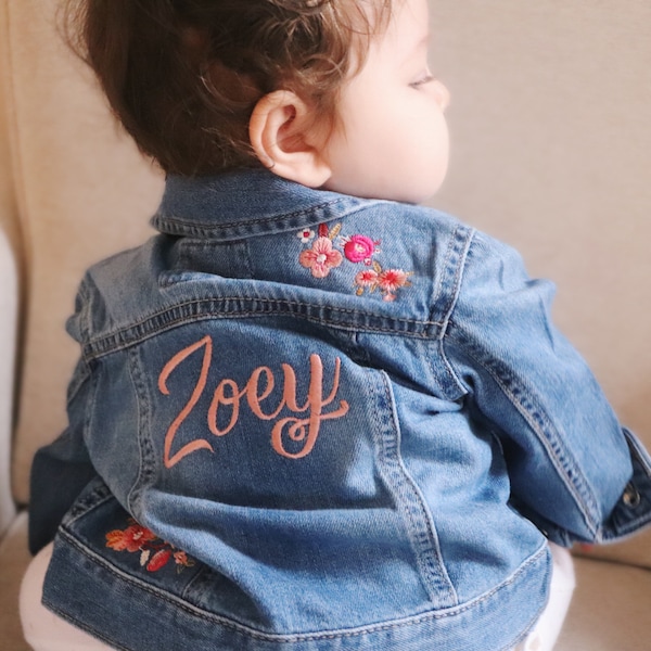 Personalized Name Girls Denim Jacket - Custom Floral Embroidered Denim Jacket - Flower Girl Jacket - Unique Girl Clothes - Birthday Gifts