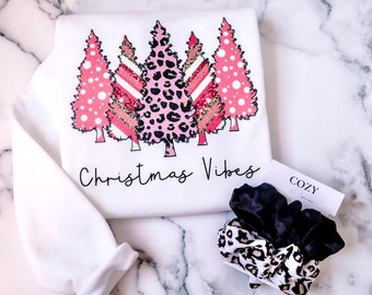 Christmas Vibes Sweatshirt | Trendy Pink Holiday Trees Sweater | Women & Girls Christmas Apparel | Christmas Gifts for Her | Glitter