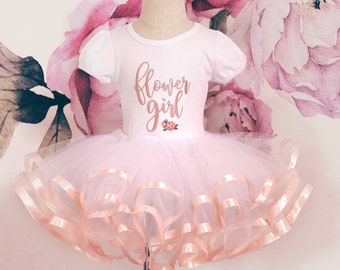 Flower Girl Tutu Outfit | Toddler Embroidered Flower Girl Puff Sleeve T-shirt with Satin Trim Tutu Set | Blush Pink Rose Gold Tutus