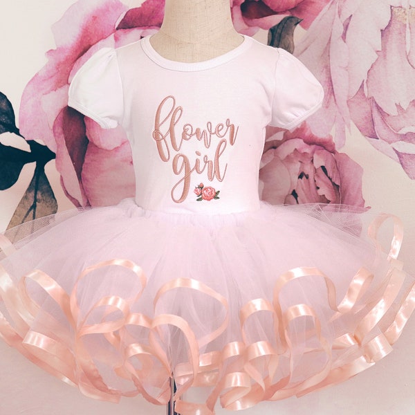 Flower Girl Tutu Outfit | Toddler Embroidered Flower Girl Puff Sleeve T-shirt with Satin Trim Tutu Set | Blush Pink Rose Gold Tutus