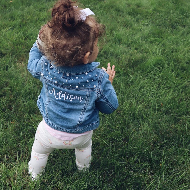 Embroidered Flower Girl Denim Jacket Customizable Pearl Jean Jacket Personalized Flower Girl Gift Custom Girls Clothes Birthday Gift image 4