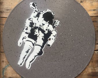 Astronaut - Spray paint wall art on vinyl, Hand cut stencil art - Grey space