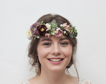 Lila Haarkranz, Hochzeitshaarkrone, Brautkranz, Eukalyptusblumenhaarteil, Sukkulente Blumenkopfschmuck, Rustikales Haarteil