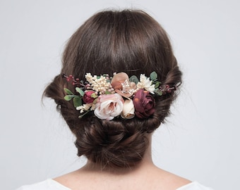 Burgundy Beige Flower Comb, Bridesmaid Floral Comb Outdoor Wedding Hair Comb Bridesmaid Headpiece Autumn Wedding Floral Accessories 1113